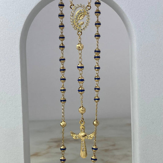 Rosario Virgen Maria 12.35gr / 50cm / 3.5mm-4mm Bolas Diamantadas Mate Cauchos Azul Circones Blancos Oro Amarillo
