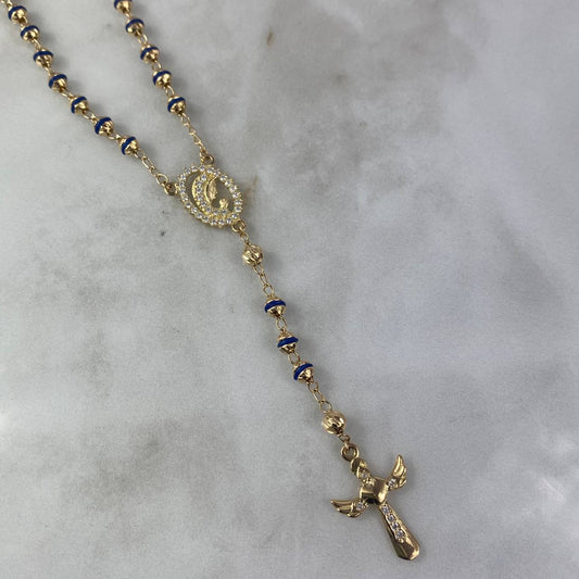 Rosario Virgen Maria 12.35gr / 50cm / 3.5mm-4mm Bolas Diamantadas Mate Cauchos Azul Circones Blancos Oro Amarillo