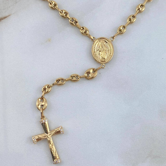 Rosario GC Virgen Milagrosa 14.8gr / 60cm / 4.5mm Liso Circones Blancos Oro Amarillo ©
