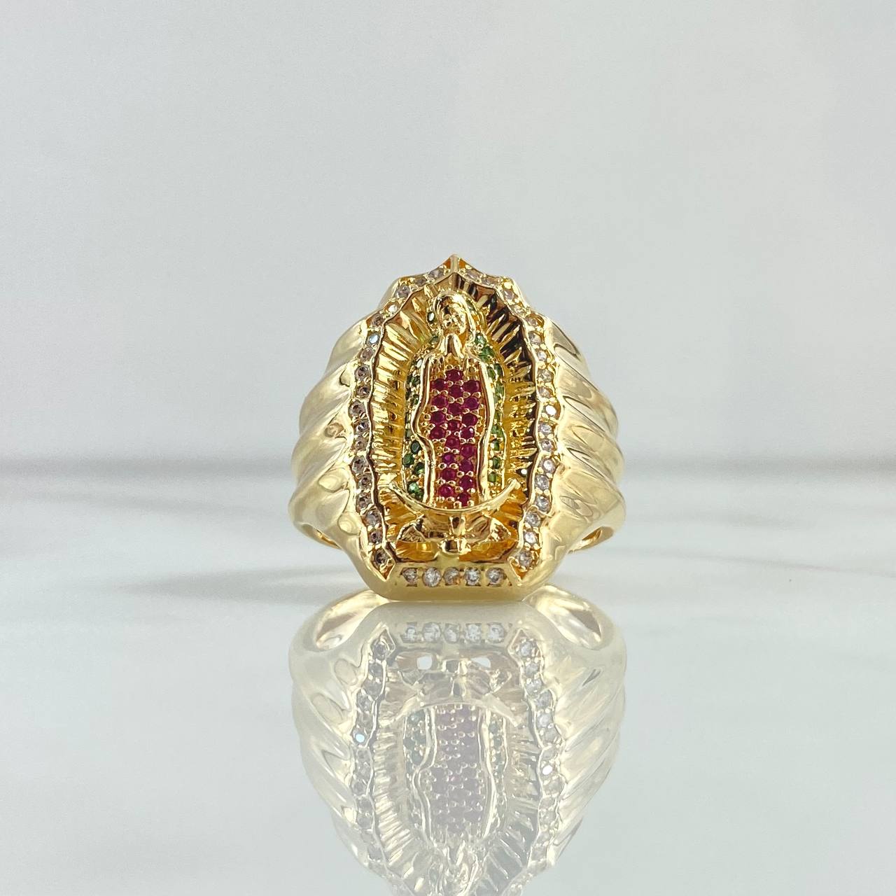 Anillo Virgen Guadalupe 10.45gr / T10 1/2 / Circones Blancos - Verdes - Fucsias Oro Amarillo 18K ©