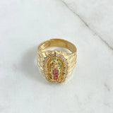 Anillo Virgen Guadalupe 10.45gr / T10 1/2 / Circones Blancos - Verdes - Fucsias Oro Amarillo 18K ©