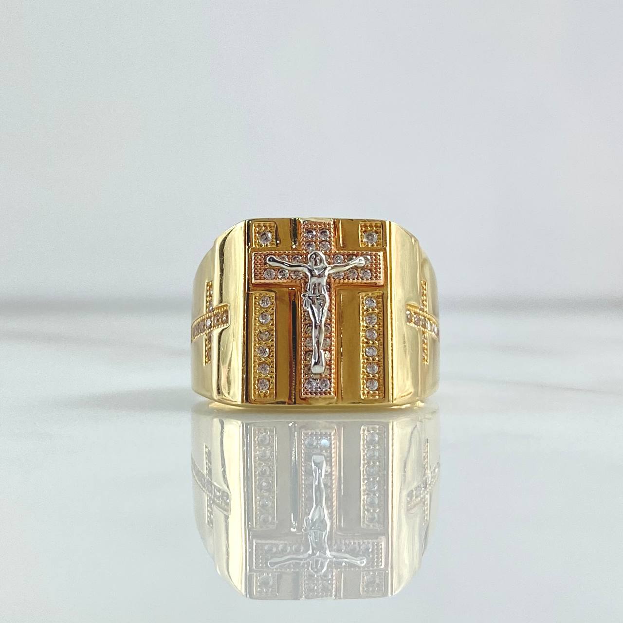 Anillo Cruz Cristo 11.8gr / T10 1/2 / Circones Blancos Tres Oros 18K