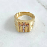 Anillo Cruz Cristo 11.8gr / T10 1/2 / Circones Blancos Tres Oros 18K