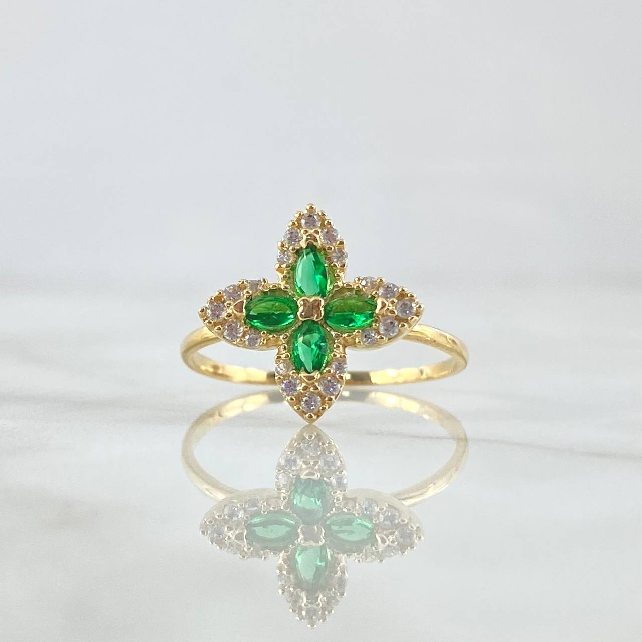 Anillo Flor Cruceta 2.15gr / T8 / Circones Blancos - Verdes Oro Amarillo 18K