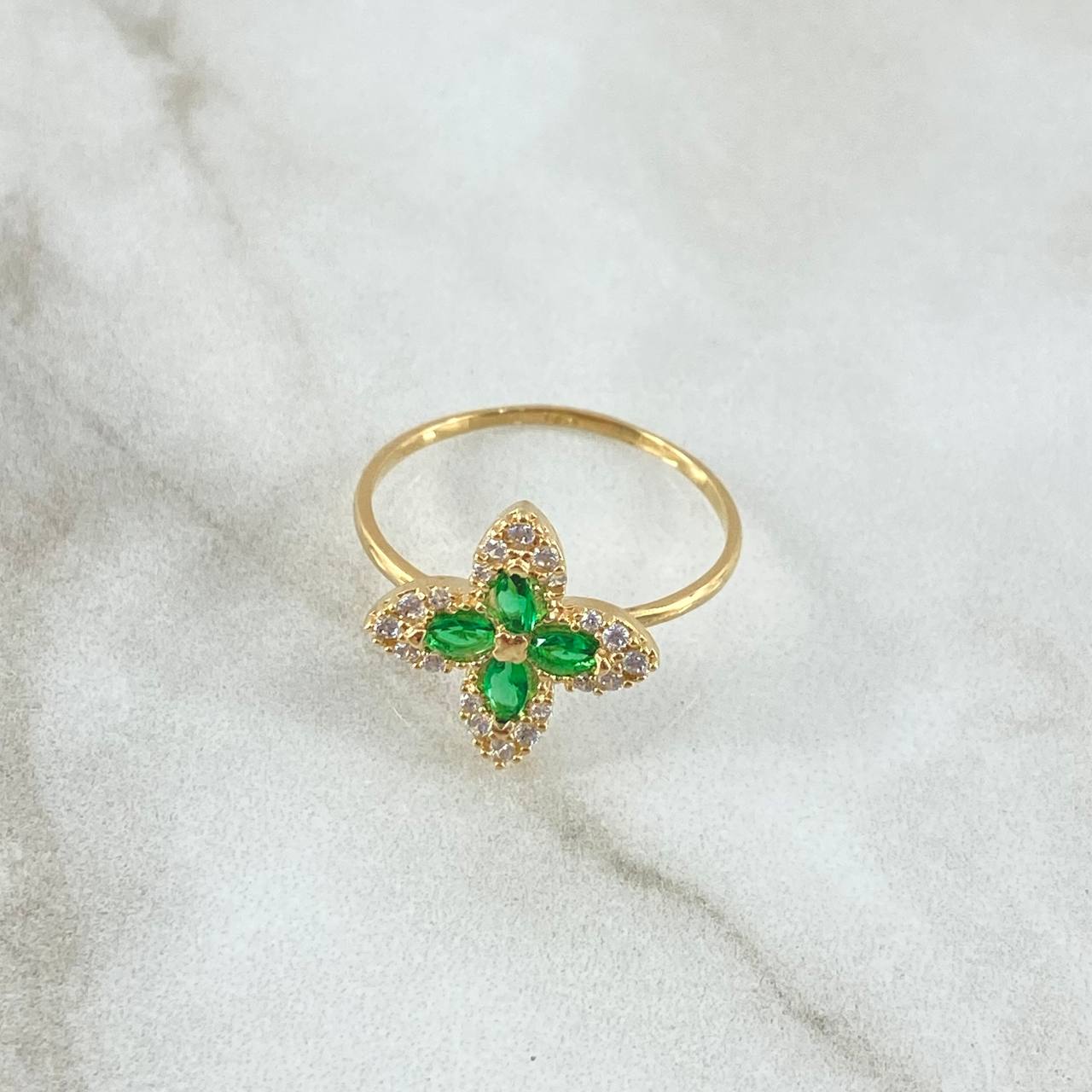 Anillo Flor Cruceta 2.15gr / T8 / Circones Blancos - Verdes Oro Amarillo 18K