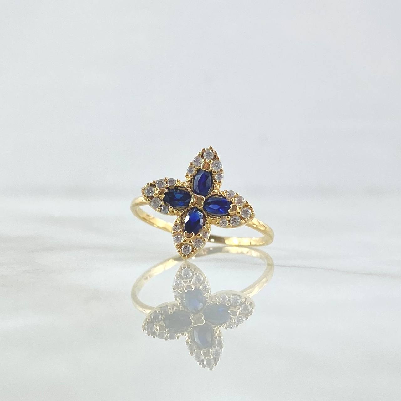 Anillo Flor Cruceta 2.2gr / T7 / Circones Blancos - Azules Oro Amarillo 18K