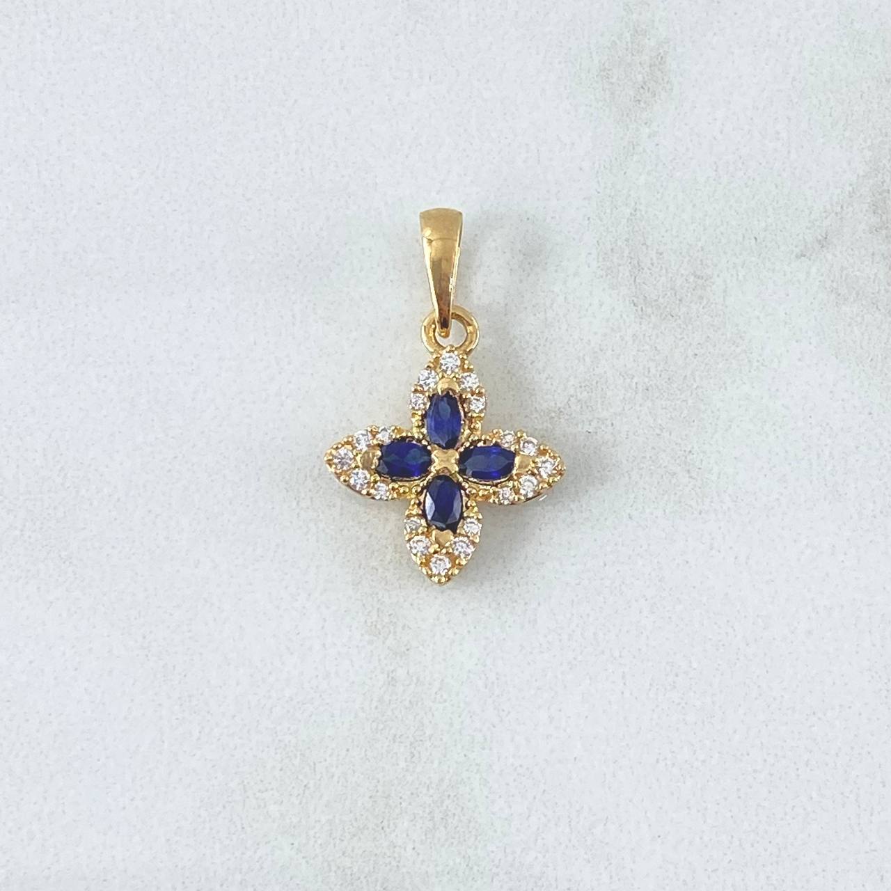 Dije Flor Cruceta 1.7gr / 2.2cm / Circones Blancos - Azules Oro Amarillo 18K