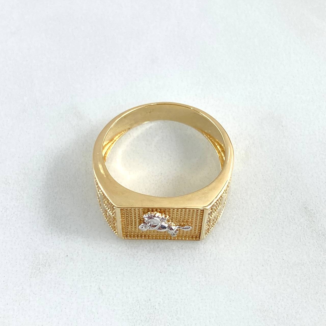 Anillo Rectangular Caballo Cruces 8.15gr / T10 / Circones Blancos Oro Amarillo 18K