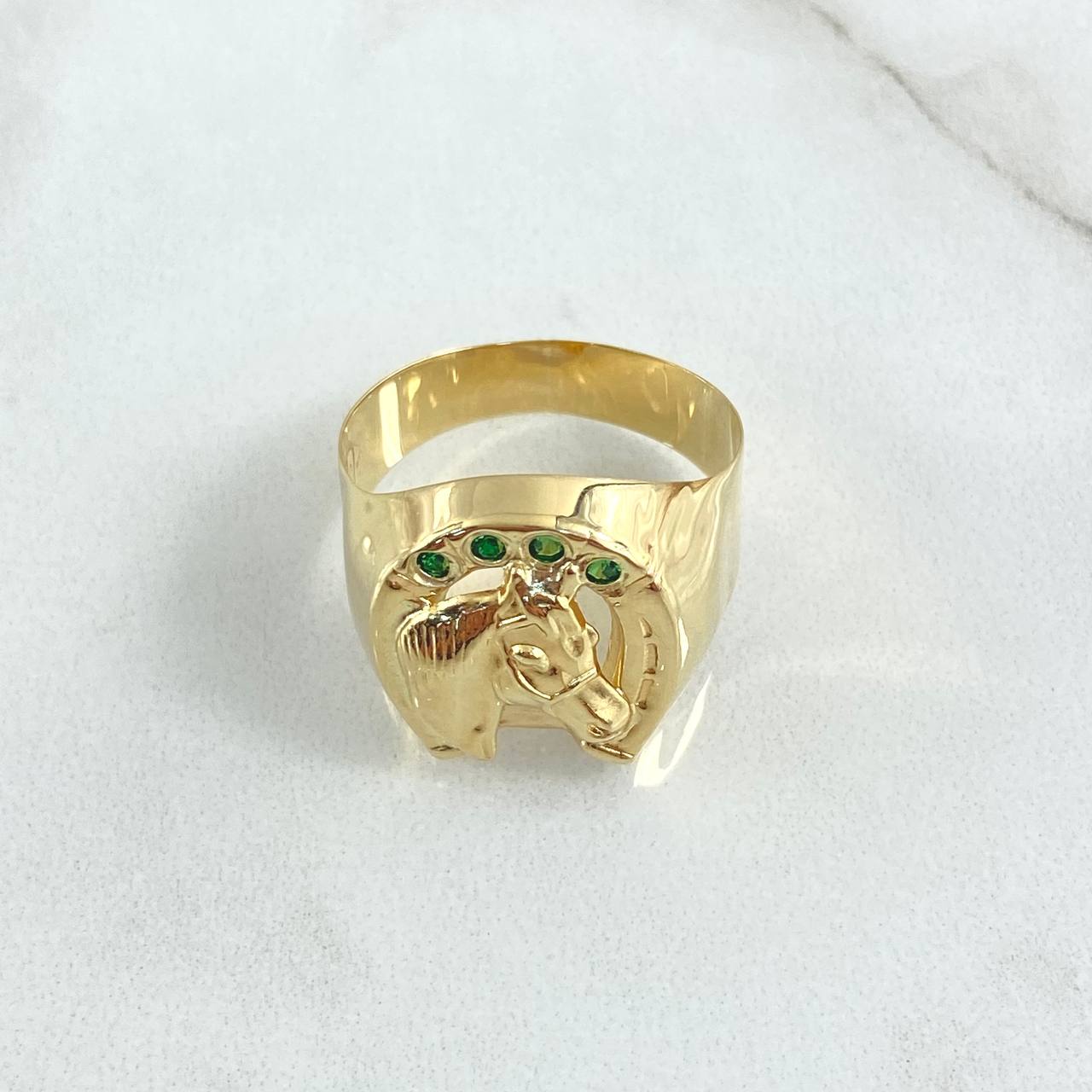 Anillo Herradura Caballo 3.25gr / T8 1/2 / Circones Verdes Oro Amarillo 18K ©