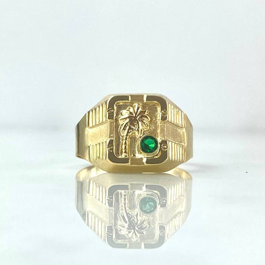 Anillo Sello Palmera 2.6gr / T11 1/2 / Texturizado Mate Circon Verde Oro Amarillo 18K *