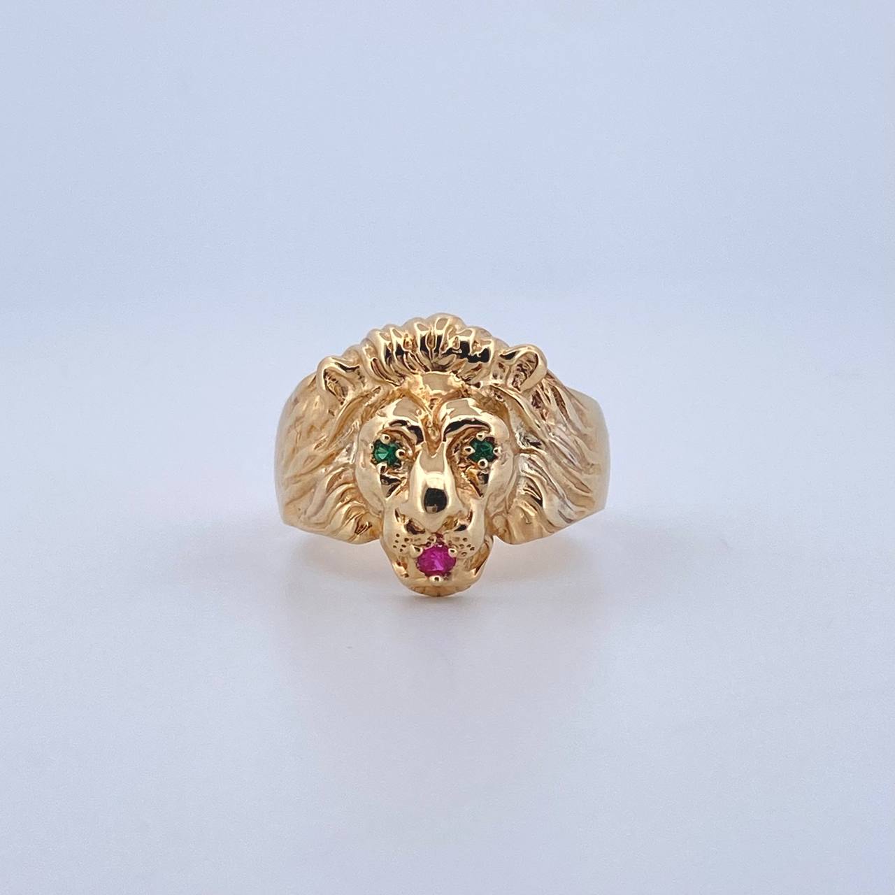 Anillo León 7.25gr / T9 1/4 / Liso - Circones Verdes Y Fucsias Oro Amarillo 18K *