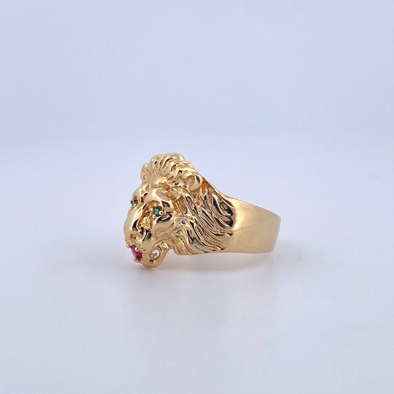 Anillo León 7.25gr / T9 1/4 / Liso - Circones Verdes Y Fucsias Oro Amarillo 18K *