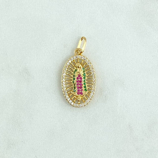 Dije Virgen Guadalupe 2.35gr / 2.8cm / Ovalo Filigrana - Circones Blancos Verdes Fucsia Oro Amarillo 18K ©