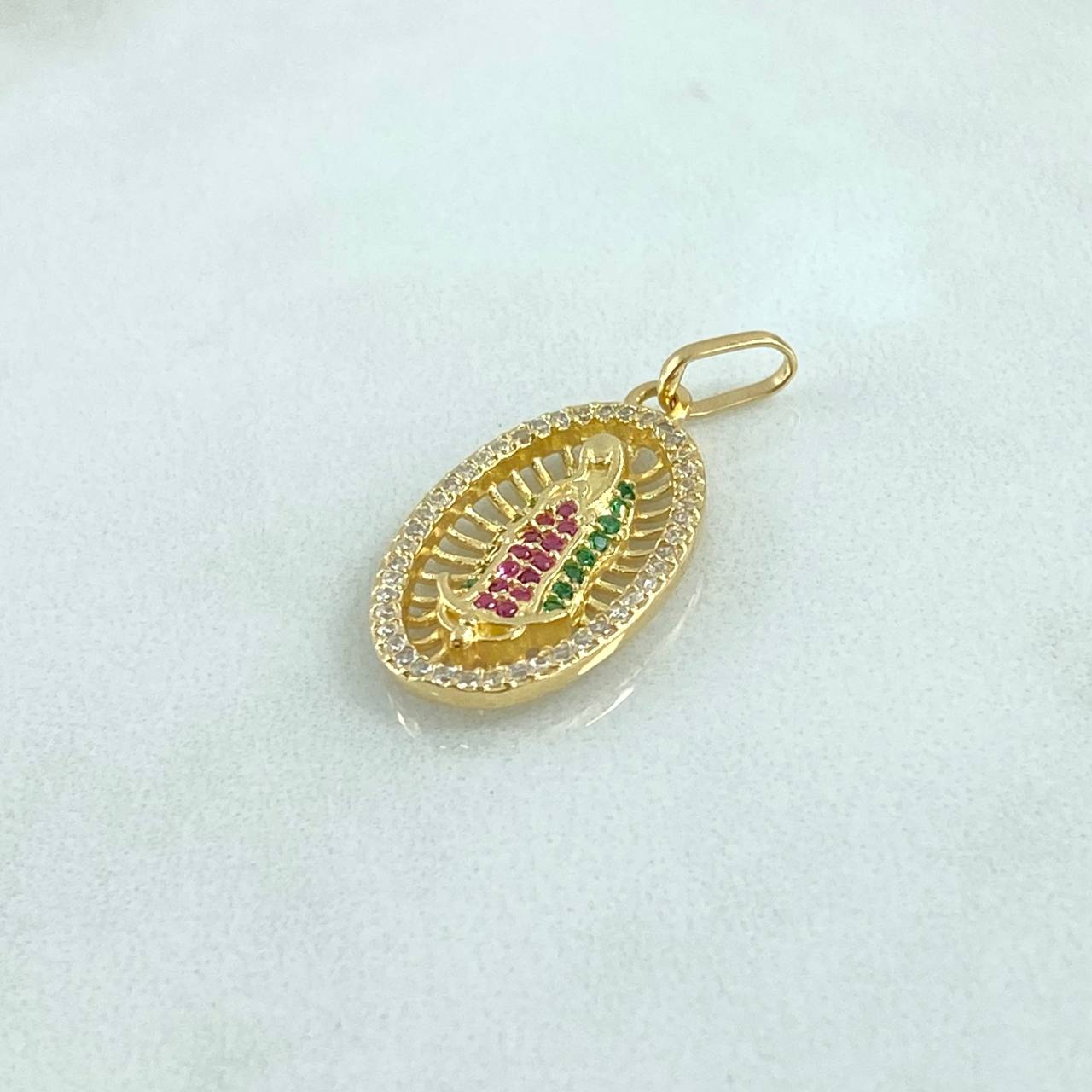 Dije Virgen Guadalupe 2.35gr / 2.8cm / Ovalo Filigrana - Circones Blancos Verdes Fucsia Oro Amarillo 18K ©