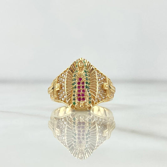 Anillo Virgen Guadalupe Cruces 6.65gr / T7 / Circones Blancos Verdes Y Fucsias Oro Amarillo 18K