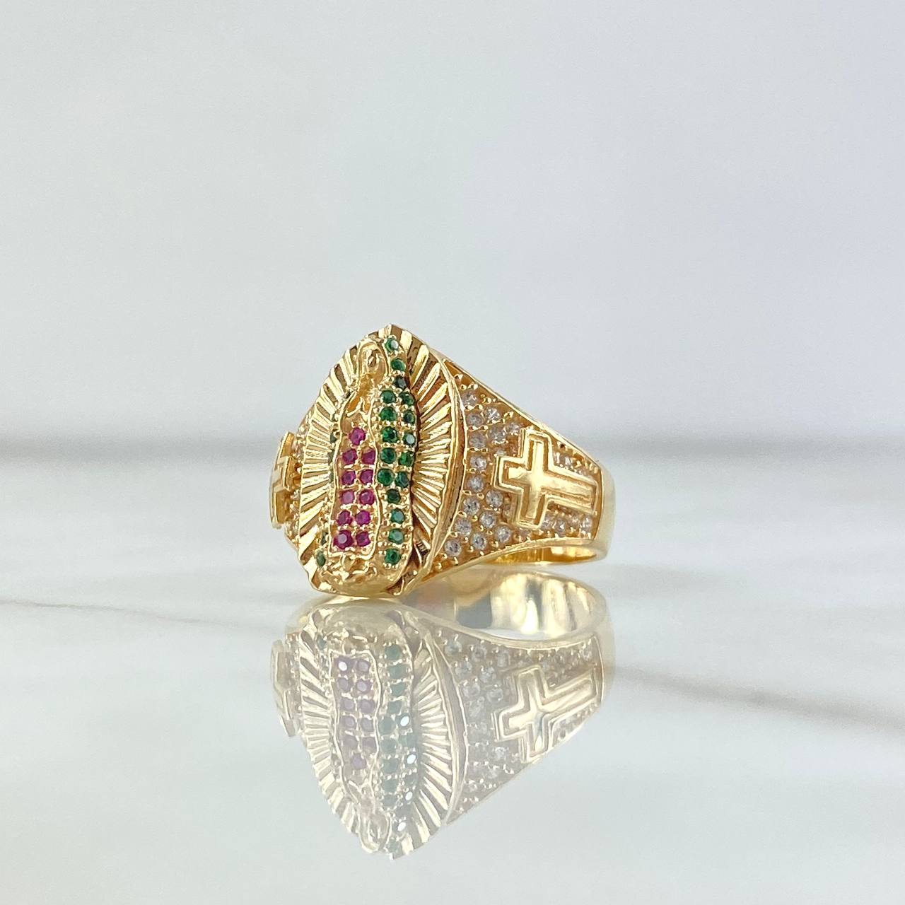 Anillo Virgen Guadalupe Cruces 6.65gr / T7 / Circones Blancos Verdes Y Fucsias Oro Amarillo 18K