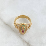 Anillo Virgen Guadalupe Cruces 6.65gr / T7 / Circones Blancos Verdes Y Fucsias Oro Amarillo 18K