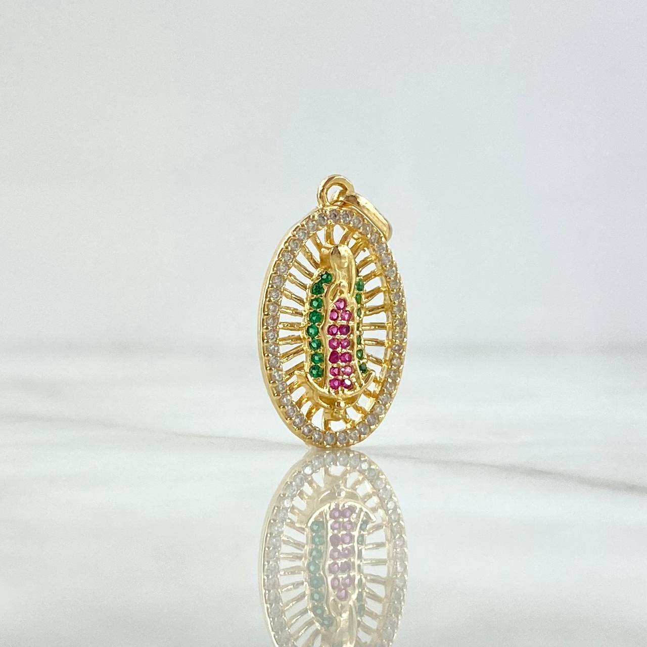 Dije Virgen Guadalupe Ovalo Filigrana 2.5gr / 3cm / Circones Blancos Verdes Fucsias  Oro Amarillo 18K ©