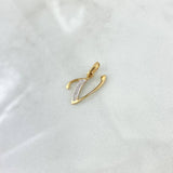 Dije Letra V Cursiva 0.7gr / 2cm / Circones Blancos Dos Oros Amarillo Blanco 18K