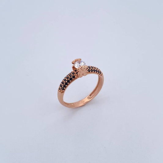 Anillo Solitario Oso Ts 2.05gr / T6 / Circones Blanco Negros Oro Rosa 18K &