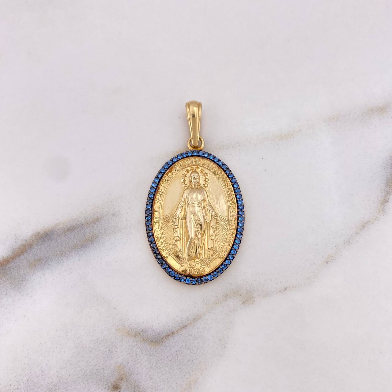 Dije Virgen Milagrosa 5.85gr / 3.9cm / Circones Azules Oro Amarillo 18K #