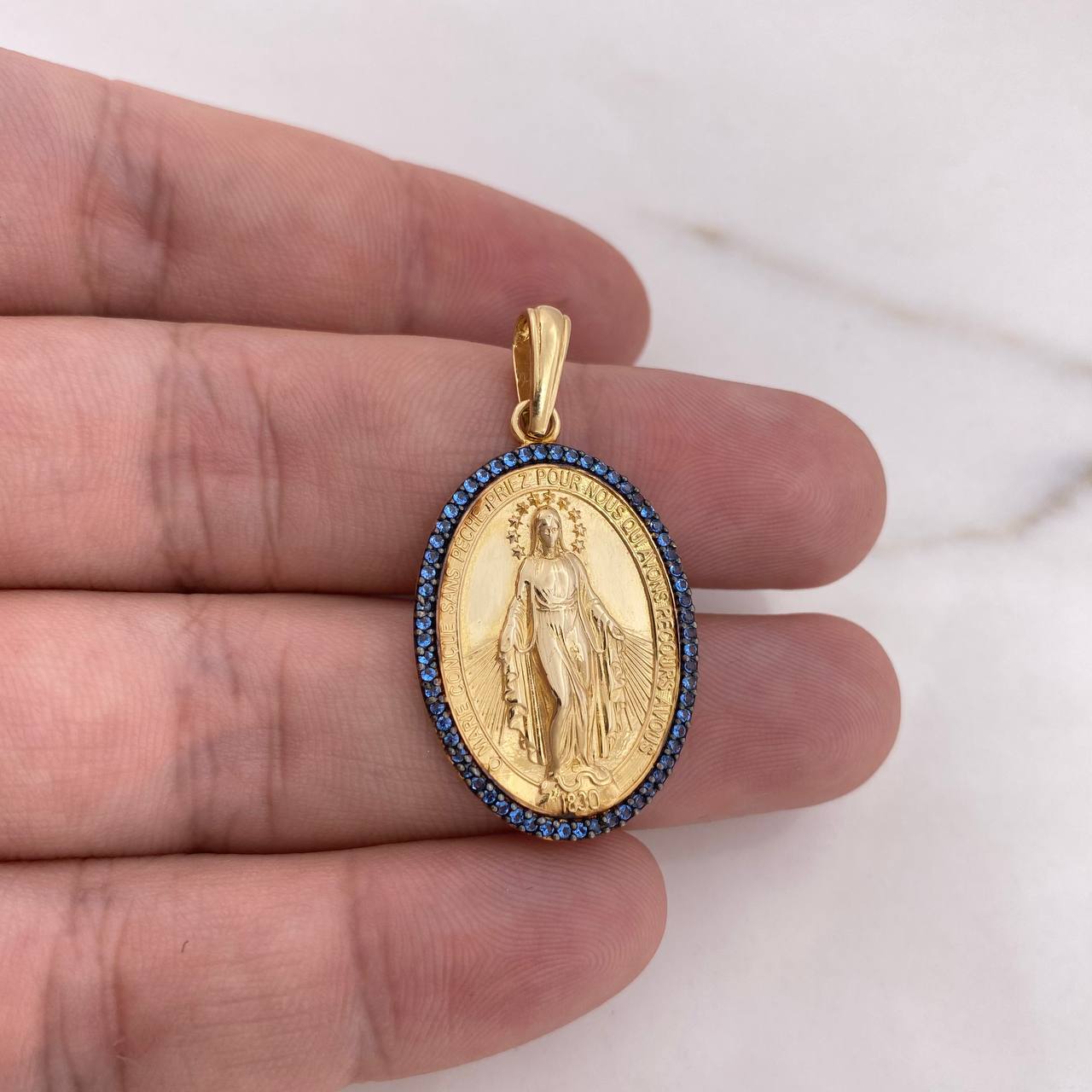 Dije Virgen Milagrosa 5.85gr / 3.9cm / Circones Azules Oro Amarillo 18K #