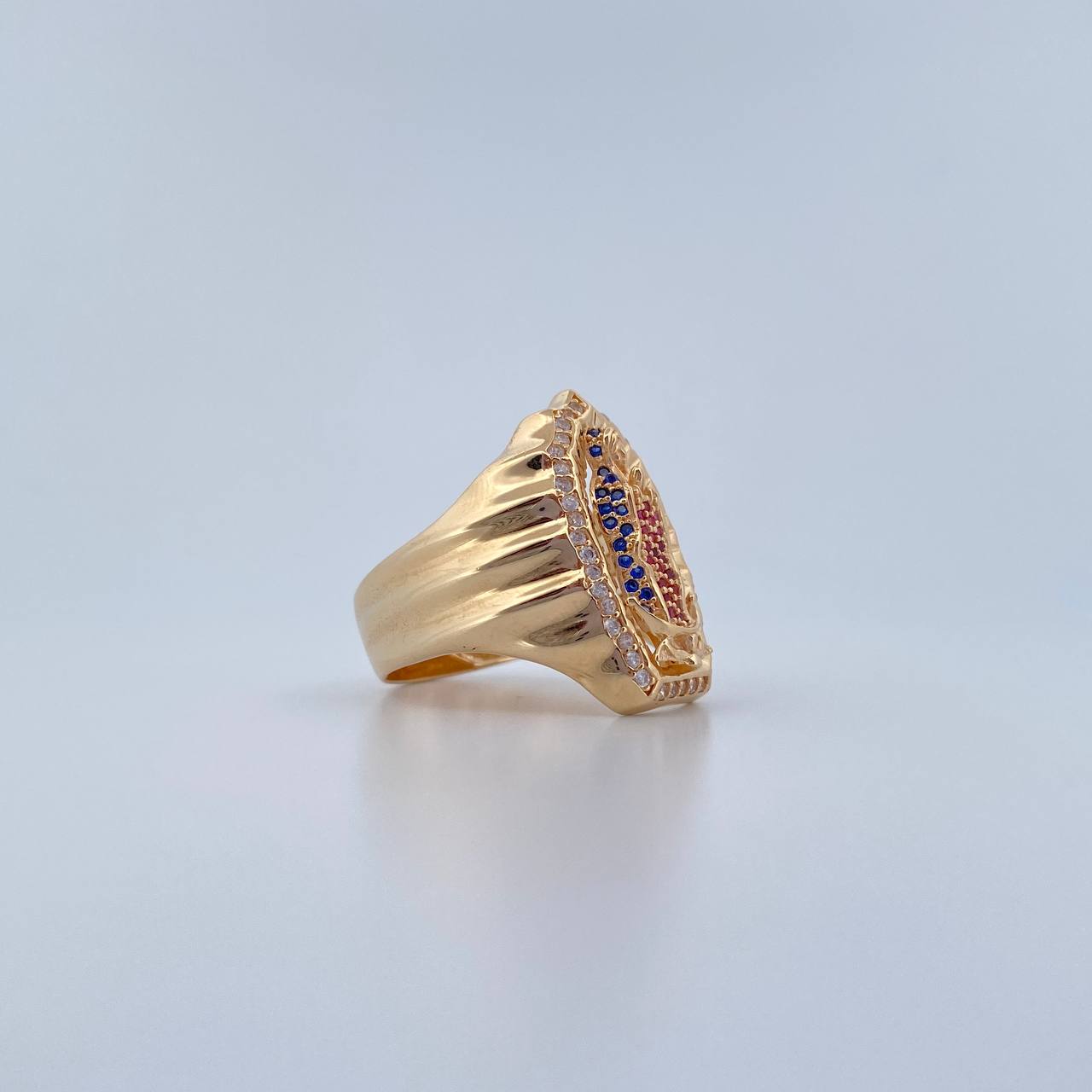 Anillo Virgen Guadalupe 7.6gr / T8 1/2 / Circones Blancos Azules Fucsias Oro Amarillo 18K $