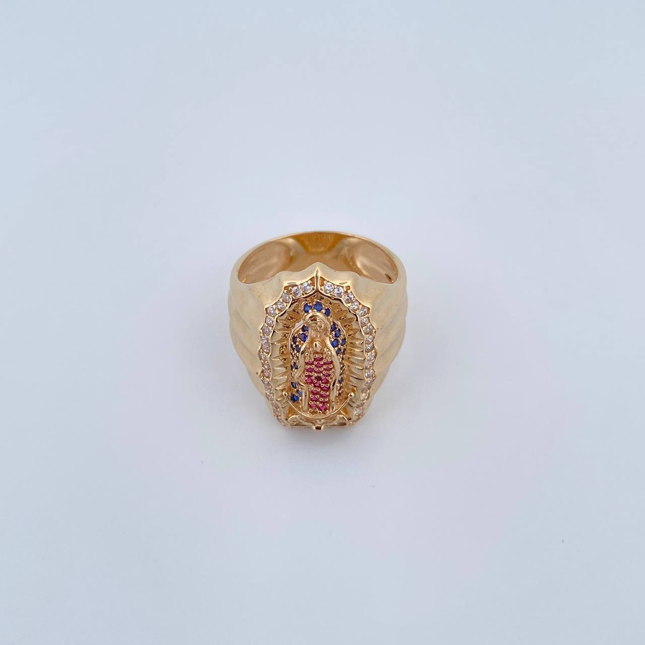 Anillo Virgen Guadalupe 7.6gr / T8 1/2 / Circones Blancos Azules Fucsias Oro Amarillo 18K $