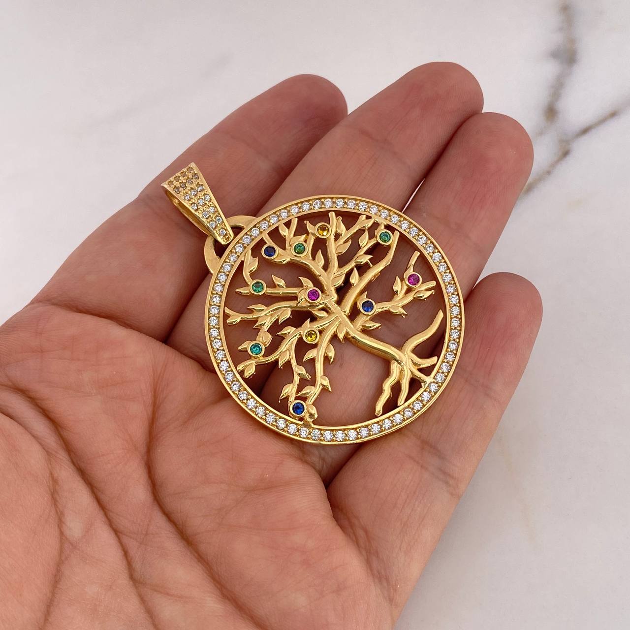 Dije Arbol De La Vida 13.8gr / 5.2cm / Circones Colores Oro Amarillo 18K #