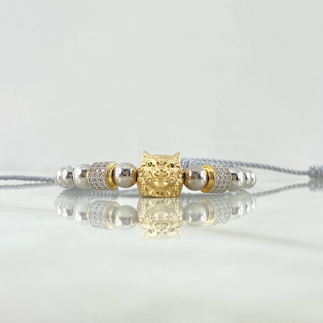 Pulsera Gris Herraje Lobo 8gr / 5mm-6mm Bolas Lisas 12und Circones Blancos Dos Oros Amarillo Blanco 18K