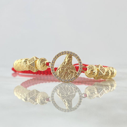 Pulsera Roja Herraje Sagrado Corazón 6.6gr / 7mm Bolas Diamantadas Circones Blancos 10und Oro Amarillo 18K