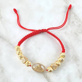 Pulsera Roja Herraje Sagrado Corazón 6.6gr / 7mm Bolas Diamantadas Circones Blancos 10und Oro Amarillo 18K