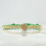 Pulsera Verde Herraje Tambor Signo Dólar 3.5gr / 3mm Bolas Diamantadas 28und Circones Blancos Oro Amarillo 18K