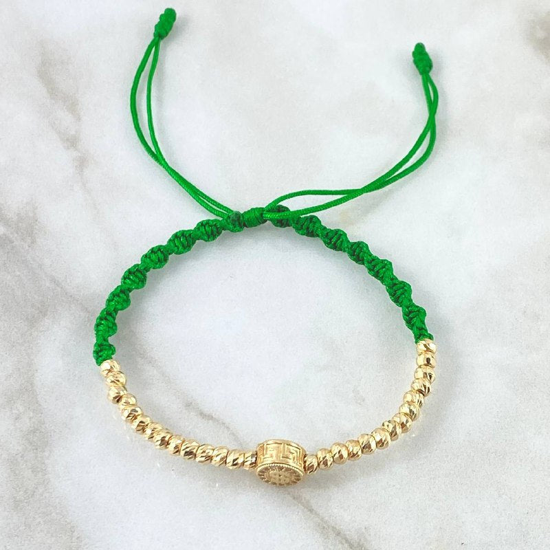 Pulsera Verde Herraje Tambor Signo Dólar 3.5gr / 3mm Bolas Diamantadas 28und Circones Blancos Oro Amarillo 18K