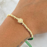 Pulsera Verde Herraje Tambor Signo Dólar 3.5gr / 3mm Bolas Diamantadas 28und Circones Blancos Oro Amarillo 18K