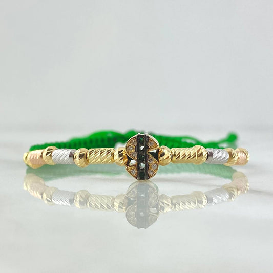 Pulsera Verde Herraje Signo de Peso 2.8gr / 3mm Bola Cilindros 16und Diamantados Circones Blancos Verdes Tres Oros 18K