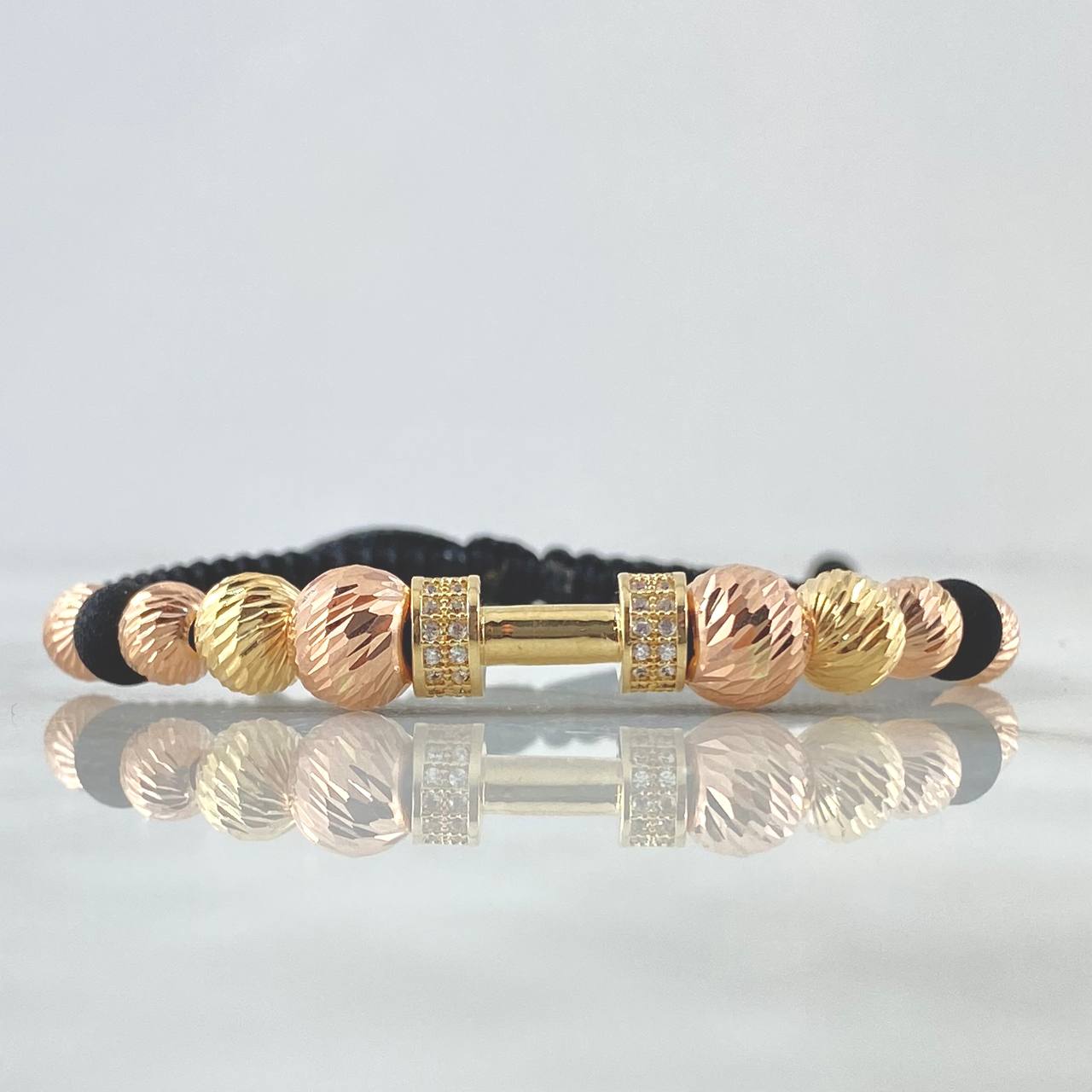 Pulsera Negra Herraje Pesa 4.1gr / 5mm-6mm-7mm Bolas Diamantadas Neoprenos Circones Blancos Dos Oros Amarillo Rosa 18K