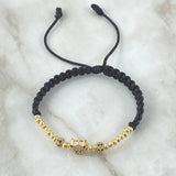 Pulsera Negra Herraje Emoji Diablito Bola de Fuego 3.4gr / 3mm Bolas Diamantadas 20und Oro Amarillo 18K