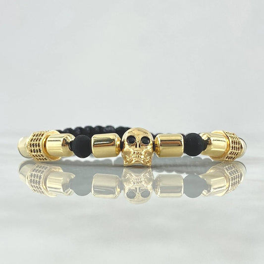 Pulsera Negra Herraje Calavera Cilindro de Fuego 7.7gr / 6mm Cilindros Lisos 10und Neoprenos Oro Amarillo 18K *