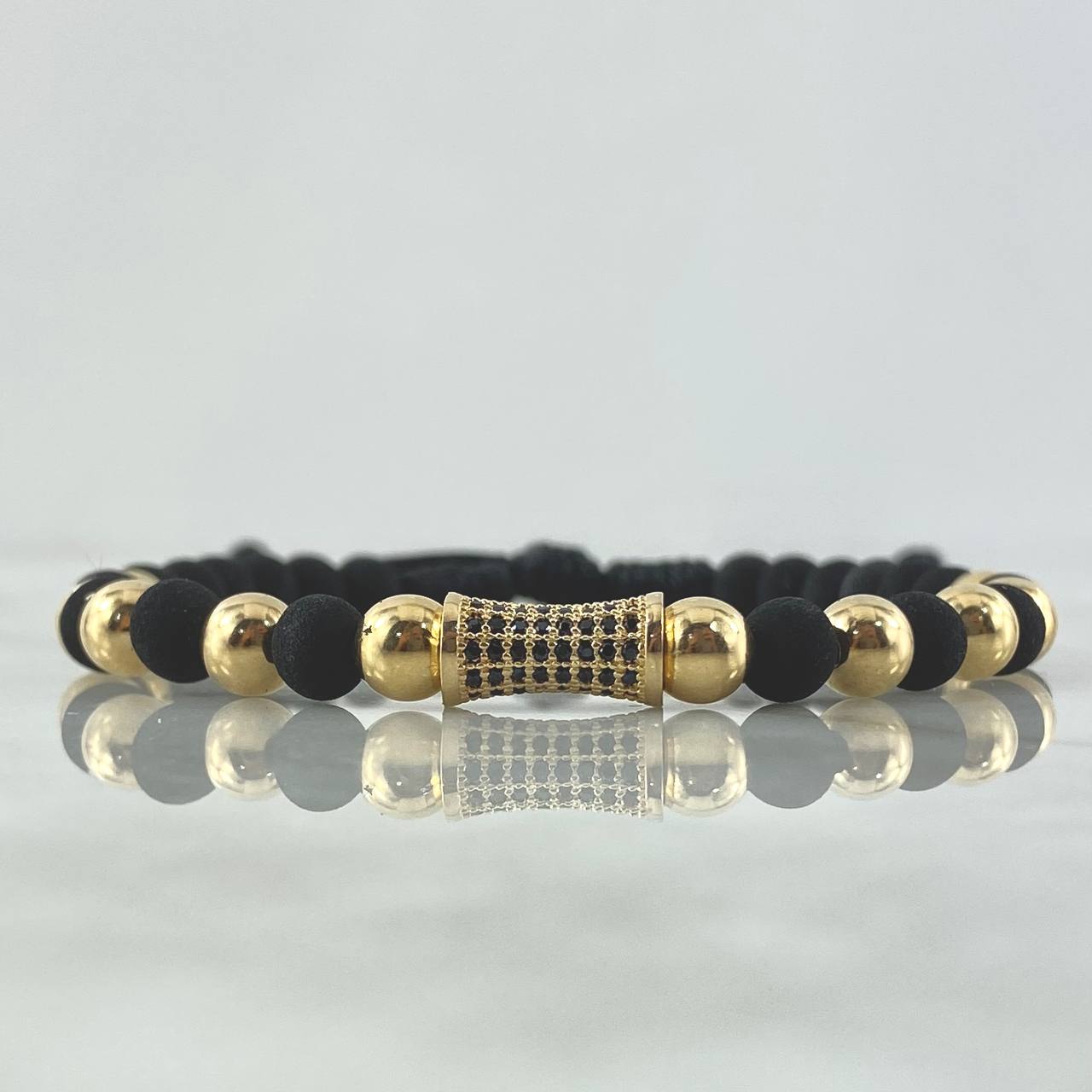 Pulsera Negra Herraje Cilindro de Fuego 3.7gr / 6mm Bolas Lisas 10und Neoprenos Oro Amarillo 18K