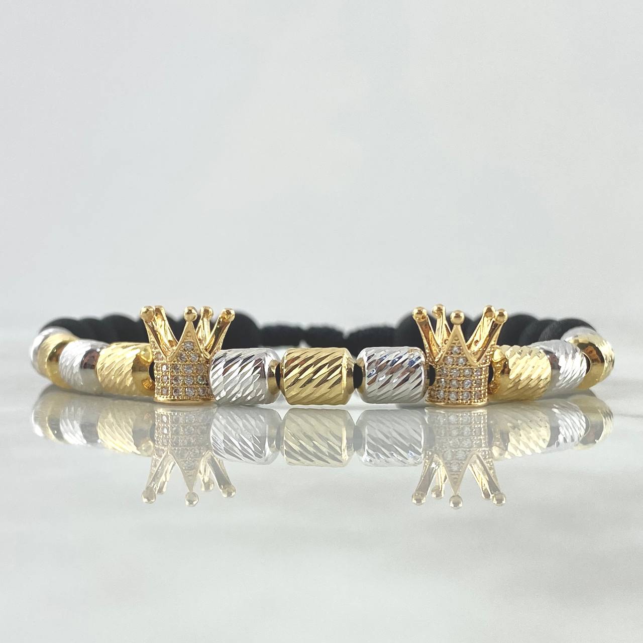 Pulsera Negra Herraje Corona 6.3gr / 5mm Cilindros Diamantados 11und Circones Blancos Dos Oros Amarillo Blanco 18K *