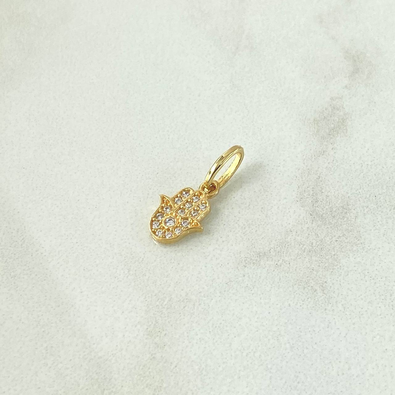 Dije Mano Hamsa 0.6gr / 1.6cm / Circones Blancos Oro Amarillo 18K