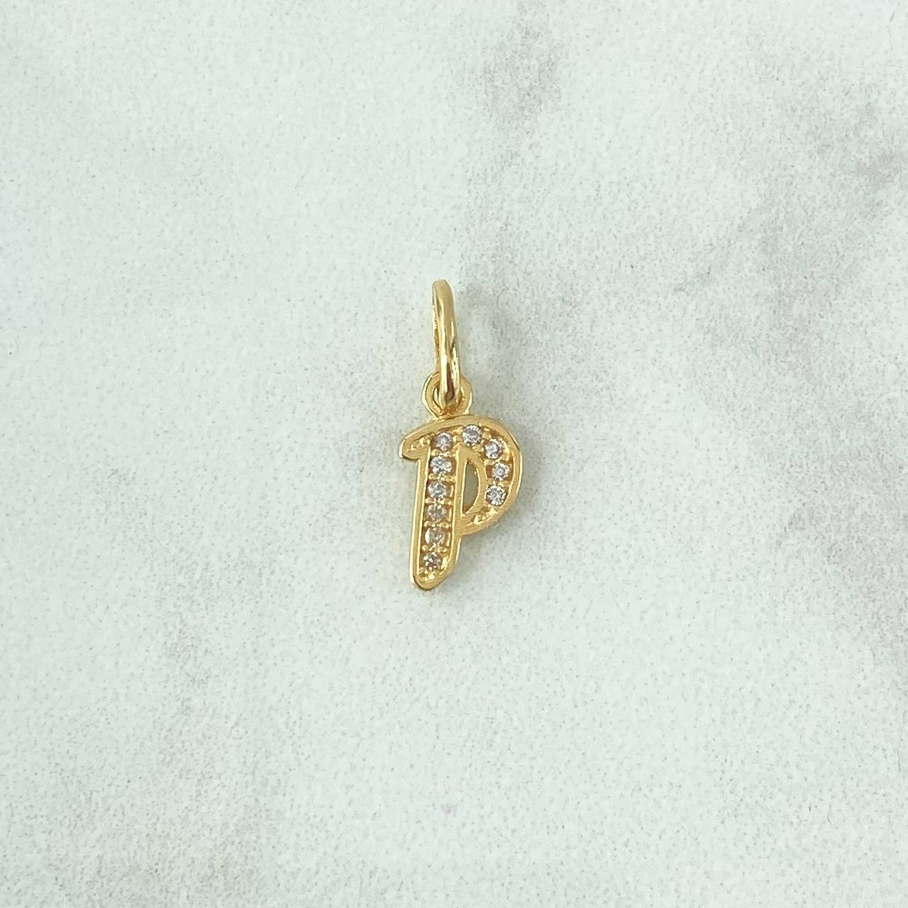 Dije Letra P Cursiva 0.7gr / 1.6cm / Circones Blancos Oro Amarillo 18K