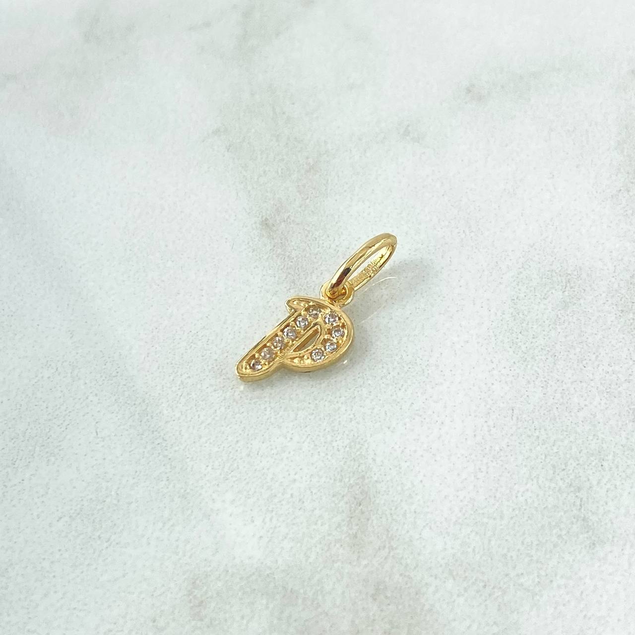 Dije Letra P Cursiva 0.7gr / 1.6cm / Circones Blancos Oro Amarillo 18K