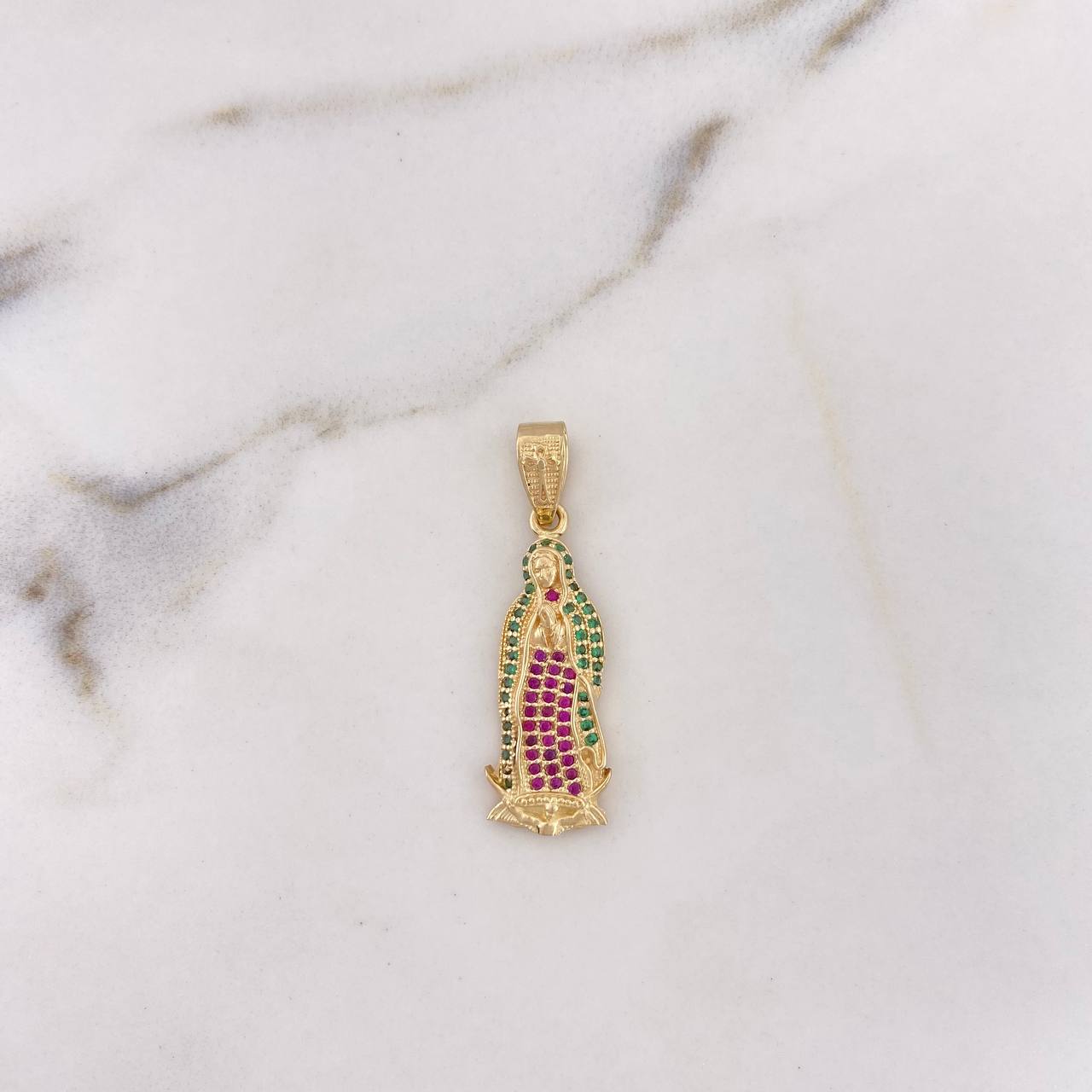 Dije Virgen Guadalupe 3.6gr / 3.6cm / Circones Fucsias Verdes Oro Amarillo 18K #