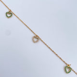 Tobillera Aro Seguido Dijes 3.9gr / 25.2cm / 1mm Corazones Circones Blancos Verdes Oro Amarillo 18K $