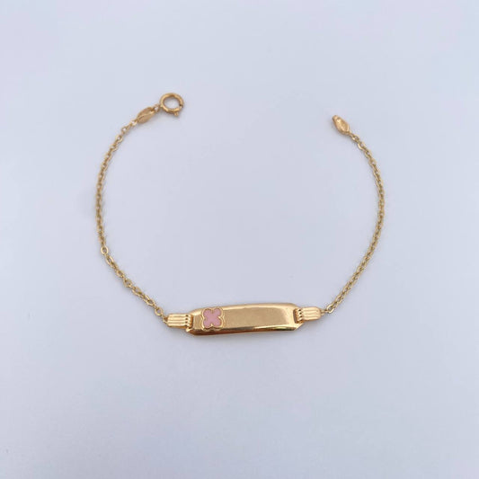 Pulso Bebe Aro Seguido 1.45gr / 14.7cm / 1mm Placa Rectangular Trebol Rosado Oro Amarillo 18K $