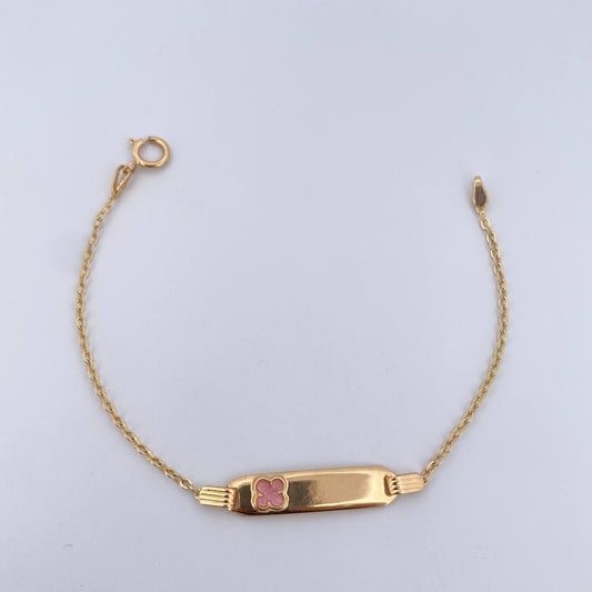 Pulso Bebe Aro Seguido 1.4gr / 14cm / 1mm Placa Rectangular Trebol Rosado Tornazol Oro Amarillo 18K $