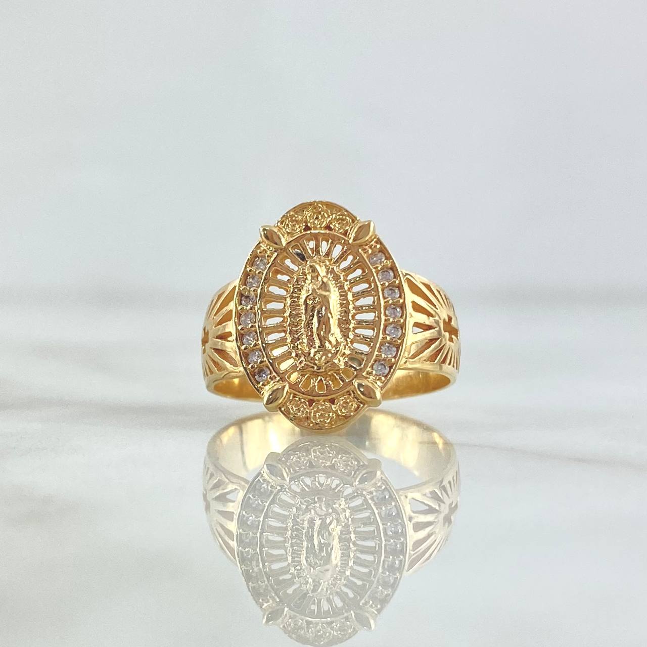 Anillo Virgen Guadalupe Basteada 3.45gr / T5 / Circones Blancos - Filigrana Lateral Oro Amarillo 18K *