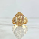 Anillo Virgen Guadalupe Basteada 3.45gr / T5 / Circones Blancos - Filigrana Lateral Oro Amarillo 18K *